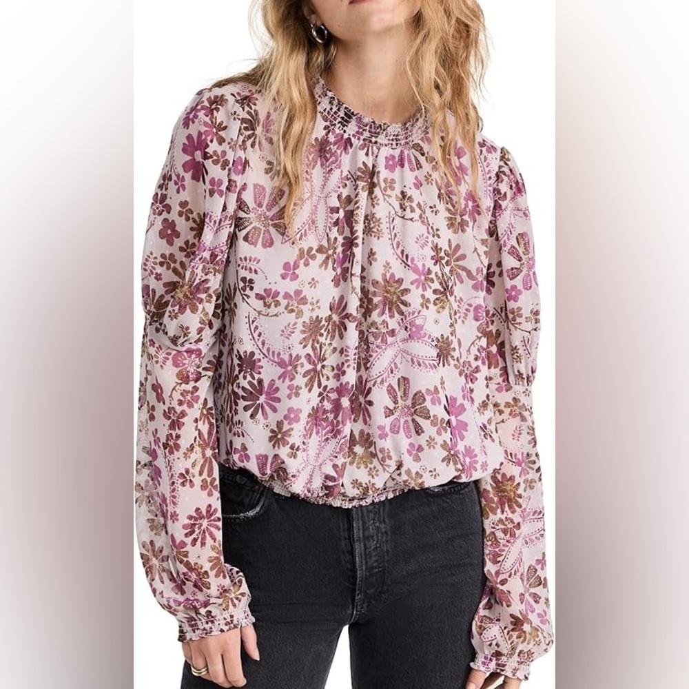 Free People Women's Clarissa Printed Top, Grey Lilac Combo, M